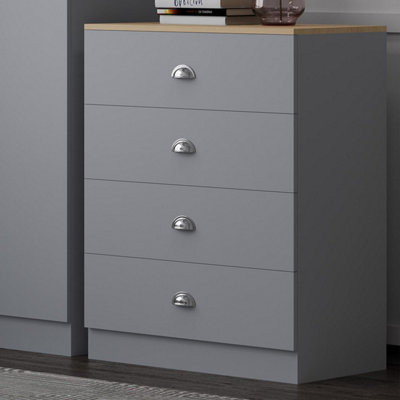 4 Drawer Chest Of Drawers Matt Grey Finish With Light Oak Top