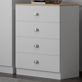 4 Drawer Chest Of Drawers Matt White Finish With Light Oak Top