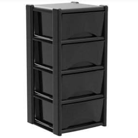 4 Drawer Large Plastic Storage Drawer Tower - Home, Offices and Children's Toys Storage Solution (Black Draw/ Black Frame)