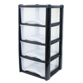 4 Drawer Large Plastic Storage Drawer Tower - Home, Offices and Children's Toys Storage Solution (Clear Draw/ Black Frame)