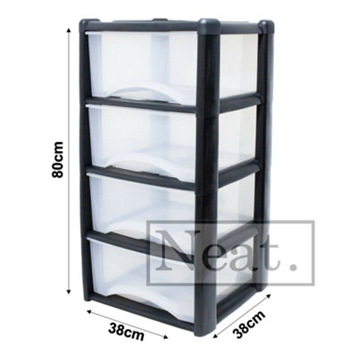 4 Drawer Large Plastic Storage Drawer Tower - Home, Offices and Children's Toys Storage Solution (Clear Draw/ Black Frame)