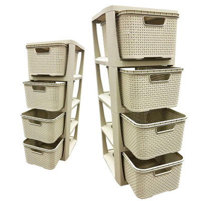 4 Drawer Large Spacious Rattan Effect Cream Home Office Modular Storage Tower Unit
