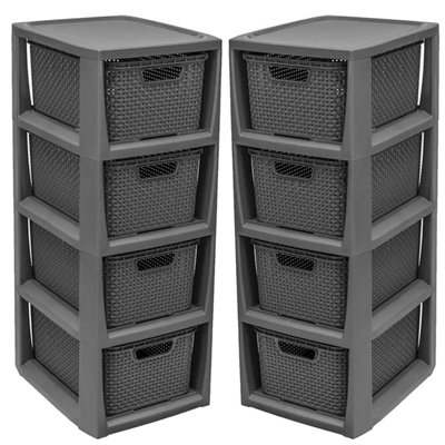 4 Drawer Large Spacious Rattan Effect Grey Home Office Modular Storage Tower Unit
