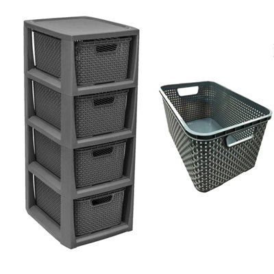 4 Drawer Large Spacious Rattan Effect Grey Home Office Modular Storage Tower Unit