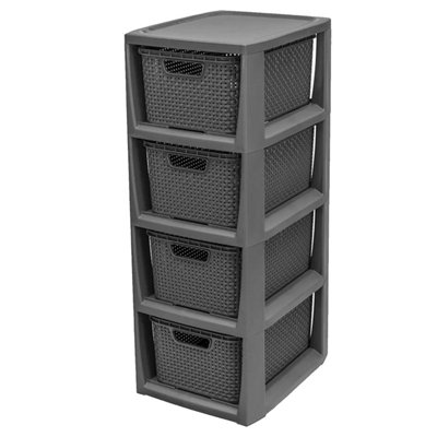 4 Drawer Large Spacious Rattan Effect Grey Home Office Modular Storage Tower Unit - 3