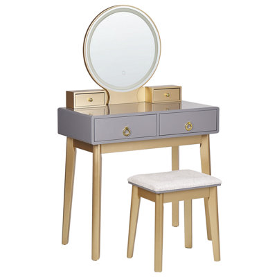 4 Drawers Dressing Table with LED Mirror and Stool Grey and Gold FEDRY