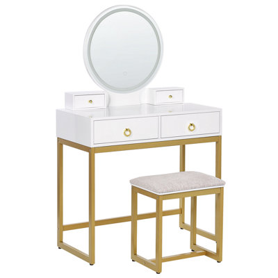 4 Drawers Dressing Table with LED Mirror and Stool White and Gold AUXON