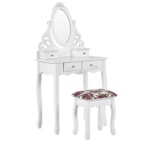 4 Drawers Dressing Table with Oval Mirror and Stool White AMOUR
