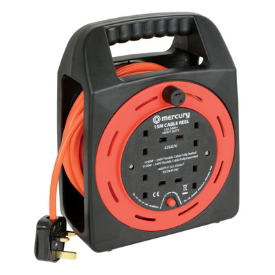 4 Gang 15m Lead Extension Reel with Thermal Cut Out and Carry Handle - Orange