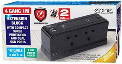 4 Gang 1M Extension Block 2 Usb Ports Desktop 2 Plug Outlet 13Amp Power Home