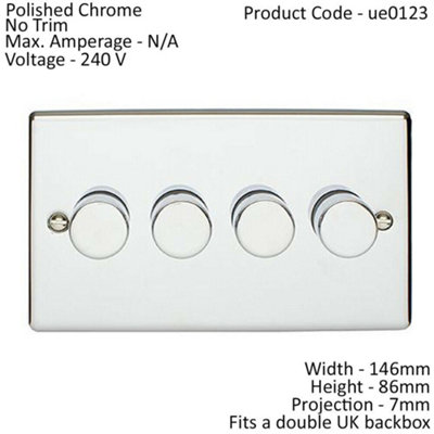4 Gang 400W 2 Way Rotary Dimmer Switch CHROME Light Dimming Wall Plate