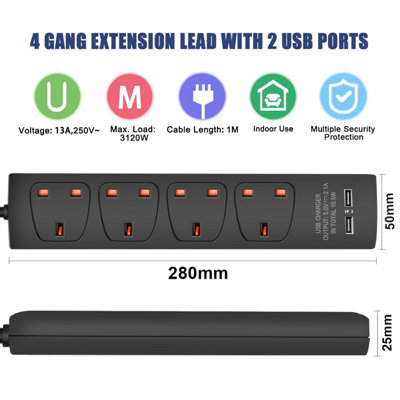 4 Gang built-in USB Extension Lead 1M Black 13A
