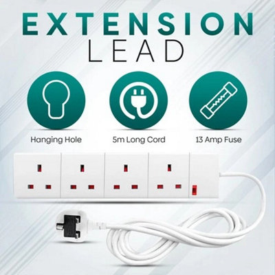 4 Gang Electric Extension Lead with UK Plug Cable Black and White Power ...