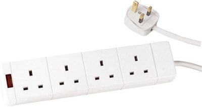 4-Gang Extension Lead 2M White with Neon Indicator - 13 Amp Power Strip for Home & Office Use, Keyhole Slots for Wall Mounting