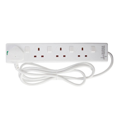 4 Gang Individually Switched UK Power Extension Lead with Surge Protection, White, 2m