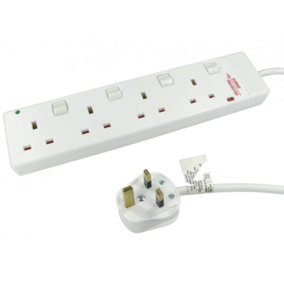 4 Gang Individually Switched UK Power Extension Lead with Surge Protection, White, 2m