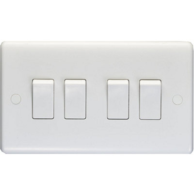 4 Gang Quad 10A Light Switch 2 Way - WHITE PLASTIC Wall Plate Outlet Rocker