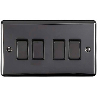 4 Gang Quad Light Switch BLACK NICKEL 2 Way 10A Black Trim & Metal Rocker