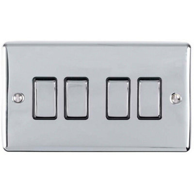 4 Gang Quad Light Switch POLISHED CHROME 2 Way 10A Black Trim & Metal Rocker