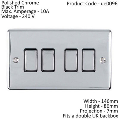 4 Gang Quad Light Switch POLISHED CHROME 2 Way 10A Black Trim & Metal Rocker