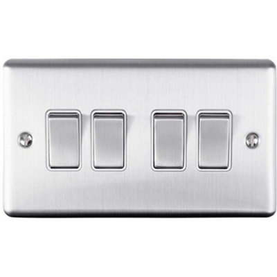 4 Gang Quad Light Switch SATIN STEEL 2 Way 10A White Trim & Metal Rocker
