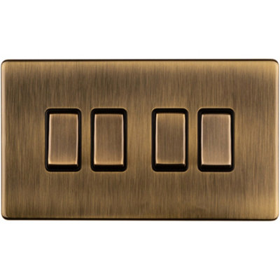 4 Gang Quad Light Switch SCREWLESS ANTIQUE BRASS 2 Way 10A Metal Rocker Slim