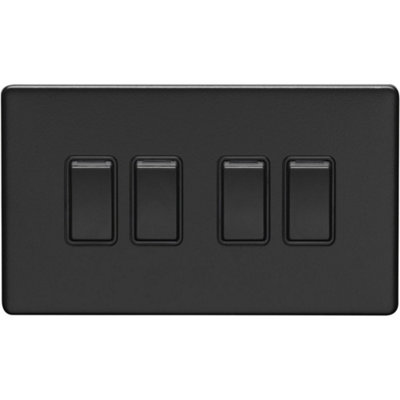 4 Gang Quad Light Switch SCREWLESS MATT BLACK 2 Way 10A Metal Rocker Slim