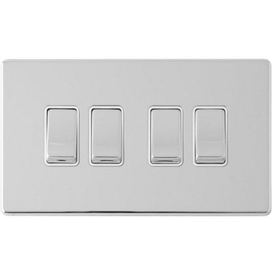 4 Gang QUAD Light Switch SCREWLESS POLISHED CHROME 2 Way 10A Metal Rocker Slim