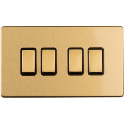 4 Gang Quad Light Switch SCREWLESS SATIN BRASS 2 Way 10A Metal Rocker Slim