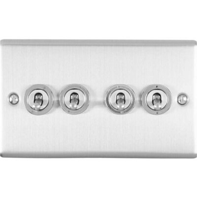 4 Gang Quad Retro Toggle Light Switch SATIN STEEL 10A 2 Way Lever Wall Plate
