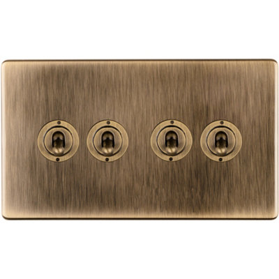 4 Gang Quad Retro Toggle Light Switch SCREWLESS ANTIQUE BRASS 10A 2 Way Lever