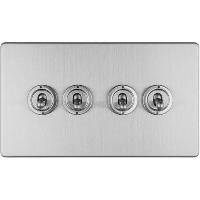 4 Gang Quad Retro Toggle Light Switch SCREWLESS SATIN STEEL 10A 2 Way Lever