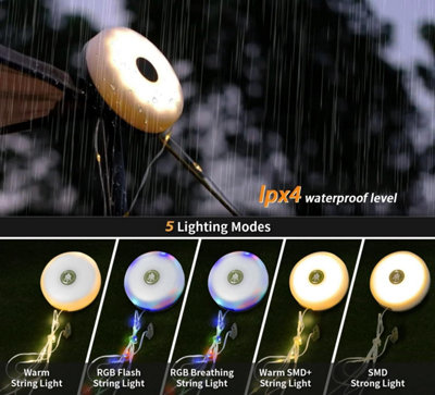4-in-1 32.8FT Camping String Lights, 8 Modes USB Rechargeable Waterproof Outdoor Hanging Lights for Tent Patio Garden Party Gift