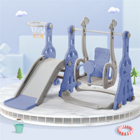 4 in 1 Children's Slide, Swing with Basketball Stand, Climbing ladder, Slide for Indoor and Outdoor Use, Blue