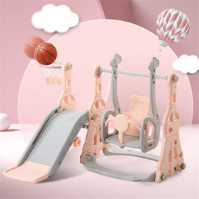 4 in 1 Children's Slide, Swing with Basketball Stand, Climbing ladder, Slide for Indoor and Outdoor Use, Pink