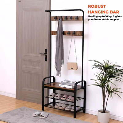 4-in-1 Coat Rack & Shoe Storage Bench - 13.2x33x72", Rustic Brown and black Design coat stand with 9 Hooks for Hallway Entrance