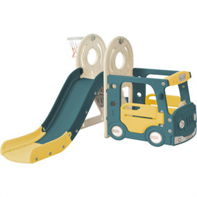 4-in-1 Kids Slide Set including Bus, Slide, Activity Ladder, Basketball Hoop and Matching Basketball