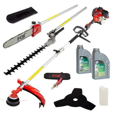 4-in-1 Multi-tool Fox Wolf Petrol 43cc Brushcutter, Grass Line Trimmer, Hedge Trimmer, Pruner with Extras