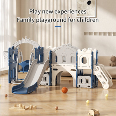4 In 1 Toddler Swing and Slide Playset Basketball Hoop Blue and Grey