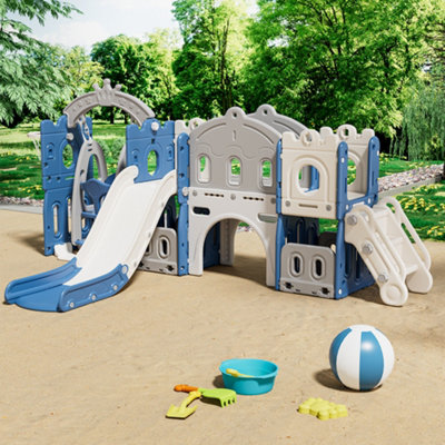 4 In 1 Toddler Swing and Slide Playset Basketball Hoop Blue and Grey