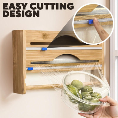Folie Cling Film Dispenser en Cutter, Bamboe Cling Film Dispenser, 3-in-1 Storage Organizer met Slide Cutter Cling Film Wrap Dispenser voor Thuis en Keuken Lade