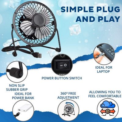 4 Inch Black USB Desk Fan Adjustable Tilt Head Compact Metal Table Fan