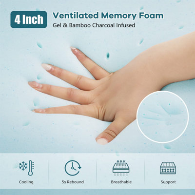4 Inch Memory Foam Mattress Topper Gel & Bamboo Charcoal Infused Topper double - 3