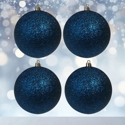 4 Large Christmas Baubles 10cm Midnight Blue Glitter Tree Decoration