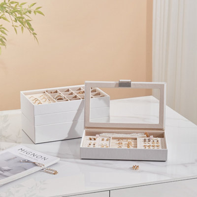 4-Layer Elegant White Faux Leather Stackable Storage Jewellery Box with Transparent Lid and Velvet Lining