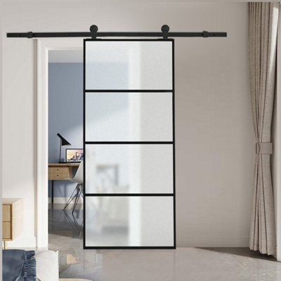 4 Lite Panel Modern Black Glass and Aluminum Sliding Barn Door Internal Door with 6ft Hardware Kit