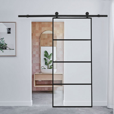 4 Lites Clear Glass Black Sliding Barn Door Panel Interior Door with 6ft Hardware Kit, 90 x 205 cm
