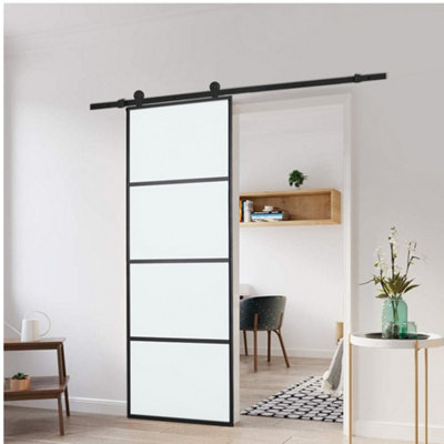 4 Lites Clear Glass Black Sliding Barn Door Panel Interior Door with 6ft Hardware Kit, 90 x 205 cm