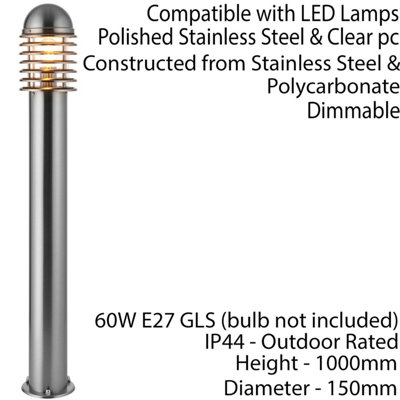 4 PACK 1m Outdoor Post Bollard Light Polished Steel Vandal Proof Pathway Lamp