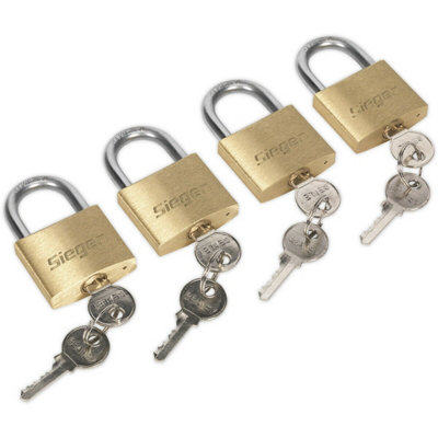 4 PACK 40mm Brass Padlock 6.5mm Hardened Steel Shackle - 2 Keys (alike) Security